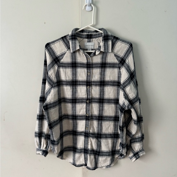 American Eagle Plaid Balloon Sleeve Flannel Button Up Shirt XS White Cream Black - Picture 2 of 8